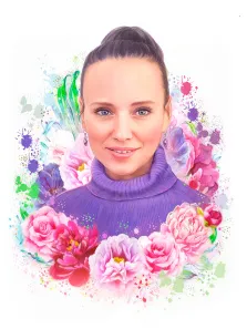 Женский портрет в стиле Flower Art, девушка в фиолетовом свитере окружённая цветами, художник Антонина