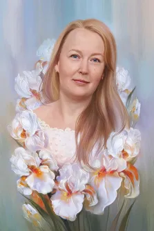 Женский портрет в стиле Flower Art, женщина блондинка с голубыми глазами на нейтральном фоне, художник Антонина