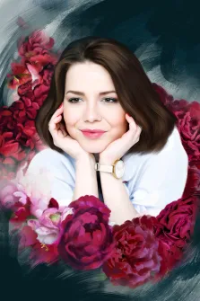 Flower Art, художник Елена, портрет девушки в белой рубашке в окружении бордовых пионов