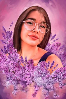 Женский портрет в стиле Flower Art, кареглазая девушка в очках с серёжкой в носу, девушка изображена на фиолетовом абстрактном фоне, художник Валерия