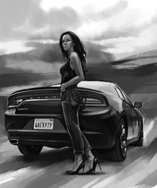 Портрет девушки карандашом на фоне гор и машины