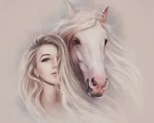 Портрет девушки с белой лошадью под пастель