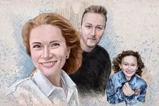 Художник Александра, портрет семьи из трех человек: отец, мать и дочь цветными карандашами