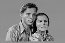 Парный портрет под карандаш, изображены девушка в блузке и молодой человек в рубашке, художник Александра 