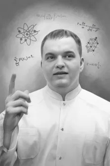 Мужской портрет в стиле Карандаш, мужчина в лабораторном халате, на фоне нарисованы формулы, художник Антонина