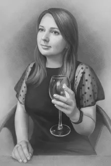 Девушка в платье и с бокалом вина отрисована в стиле Карандаш, художник Антонина