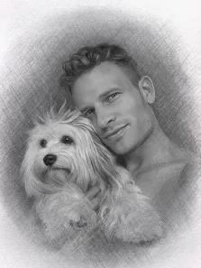 Мужской портрет с собакой в стиле Карандаш, художник Татьяна 