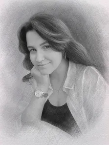 Портрет девушки в рубашке и с часами на запястье, картина нарисована в стиле Карандаш, художник Татьяна 