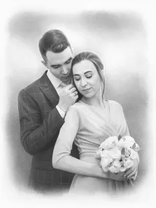 Парный свадебный портрет в серых тонах в стиле Карандаш, молодой человек в классическом костюме в широкую клетку и девушка в свадебном платье держит в руках букет, художник Антонина
