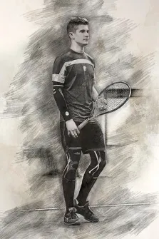 Портрет молодого человека с ракеткой в руке выполнен серым карандашом, художник Татьяна 