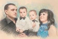 Семейный портрет Карандашом: отец, мать и двое маленьких сыновей в белых рубашках с чёрными бабочками, художник Татьяна 