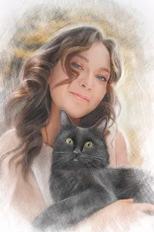 Женский портрет карандашом, девушка с волнистыми волосами обнимает чёрного кота на нейтральном фоне, художник Татьяна 