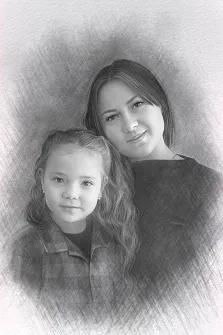 Семейный портрет серым Карандашом: Женщина с дочкой, девочка в клетчатой рубашке, художник Татьяна 