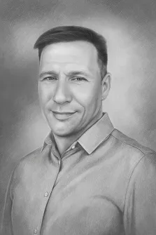 Портрет мужчины в рубашке с расстёгнутой верхней пуговицей написан серым Карандашом, художник Антонина
