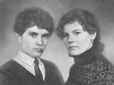 Парный портрет серым Карандашом: молодой человек с кудрявыми волосами и девушка в узорчатом свитере, художник Антонина