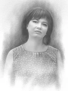 Портрет женщины в платье написан серым Карандашом, художник Татьяна 