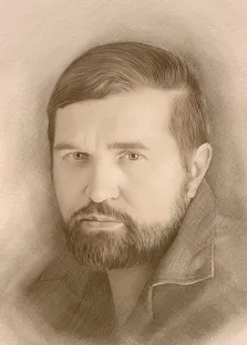 Портрет бородатого мужчины в пальто написан серым Карандашом, художник Татьяна 