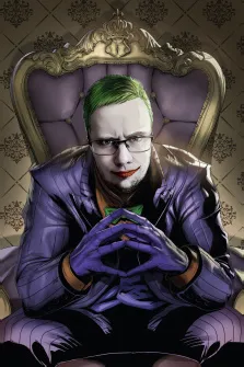 Комикс, художник Александра, мужчина в образе Джокера с зелеными волосами, сидящий на кресле