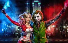 Парный портрет в стиле Комикс - молодой человек и девушка изображены в образах Джокера и Харли Квинн с фаерами на вытянутых руках на фоне ночного города. Автор: Павел