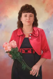 Маслом, художник Антонина, женский портрет с букетом роз