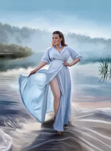 Маслом, художник Александра, женский портрет в струящимся платье на фоне озера