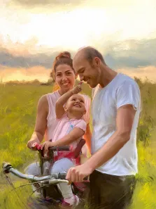 Маслом, художник Александра, семейный портрет в поле  ребенком на велосипеде