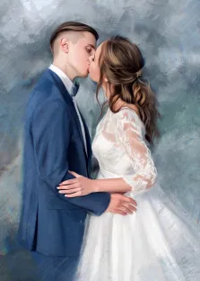 Маслом, художник Александра, поцелуй жениха и невесты на сером абстрактном фоне