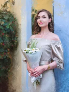 Маслом, художник Александра, портрет девушки с букетом ромашек на фоне голубой стены