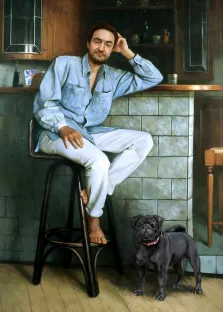 Маслом, художник Антонина, портрет мужчины в белых брюках на барном стуле с собакой