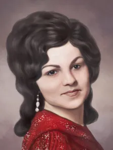Маслом, художник Антонина, портрет девушки с пышной прической в красном платье