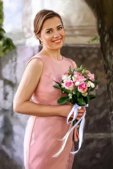 Маслом, художник Александра, портрет девушки в розовом платье с букетом роз с белой лентой