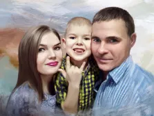 Маслом, художник Александра, семейный портрет, ребенок сидит на руках у родителей и показывает язык