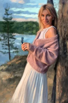 Маслом, художник Александра, портрет девушки в лучах закатного солнца на фоне природы