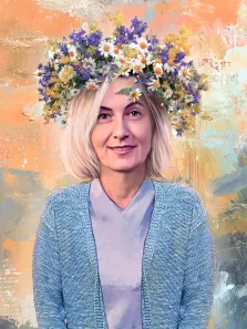 Женский портрет на абстрактном фоне выполненный под масло, изображена девушка с венком из полевых цветов на голове, художник Лариса