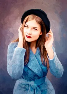 На картине изображена женщина в голубом пальто и чёрной шляпе, работа выполнена под масло, художник Ксения
