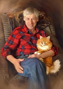 Портрет мужчины, сидящего в кресле с котом на руках, маслом, художник Анастасия 
