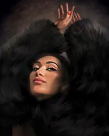 Портрет маслом актрисы из Самары в черной шубе с парящими руками, художник Анастасия