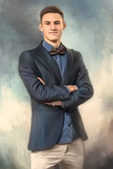Маслом, художник Анастасия, портрет молодого человека в серо-синем пиджаке, светлых брюках, синей рубашке с галстуком-бабочкой.