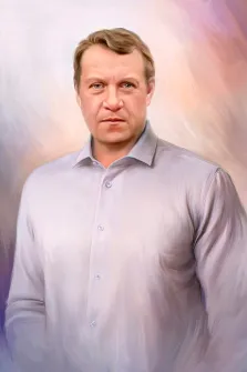 Мужчина в белой классической рубашке на абстрактном разноцветном фоне, работа выполнена под масло, художник Анастасия 
