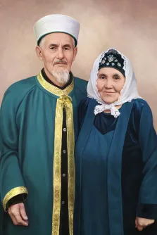 Портрет маслом пожилой пары в национальных татарских костюмах, художник Антонина