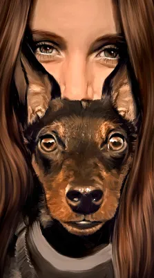 На картине изображена девушка с собакой, преобладает каштановый цвет, работа выполнена под масло, художник Анастасия 