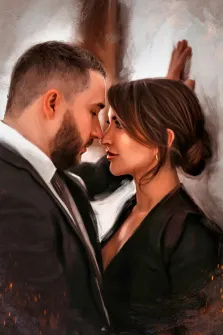 На картине под масло изображены мужчина в чёрном пиджаке и белой рубашке и девушка в чёрном пиджаке, художник Александра 