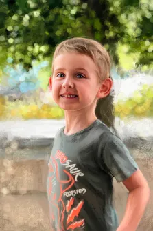 Портрет маслом: русый мальчик с короткой стрижкой и задорной улыбкой в футболке болотного цвета с надписью на фоне летнего лесного пейзажа. Художник Александра.