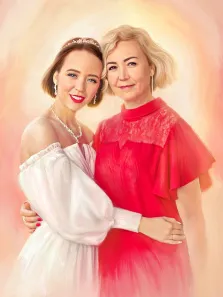 На картине под масло изображены девушка в белом платье и женщина в красном платье на светлом фоне, художник Анастасия 
