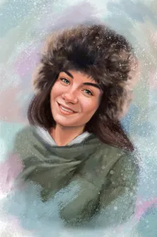 Девушка в зимней меховой шапке и верхней одежде выполнена в стиле под масло, художник Софья 