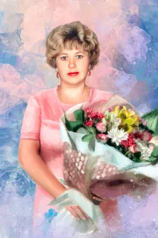 Портрет сделан под масло, на картине изображена женщина в розовом платье с цветами в руках, художник Александра 