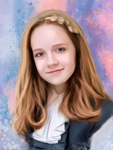 На картине под масло нарисована светловолосая девочка в школьной форме на абстрактном розово-голубом фоне, художник Александра 