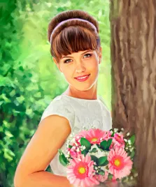 На работе под масло показана девушка с карими глазами и букетом цветов в руках, художник Анастасия 
