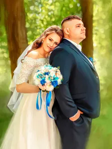 Парный свадебный портрет стилизованный под масло, мужчина в тёмно-синем костюме и девушка в классическом свадебном платье с букетом в руках, художник Анастасия 