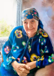 Портрет пожилой женщины в синем халате с цветами и синем платке на голове, выполнен под масло, художник Александра 